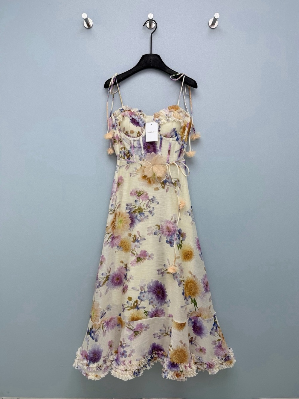 Floral Ivory and Purple Spaghetti-Strap Midi Dress
